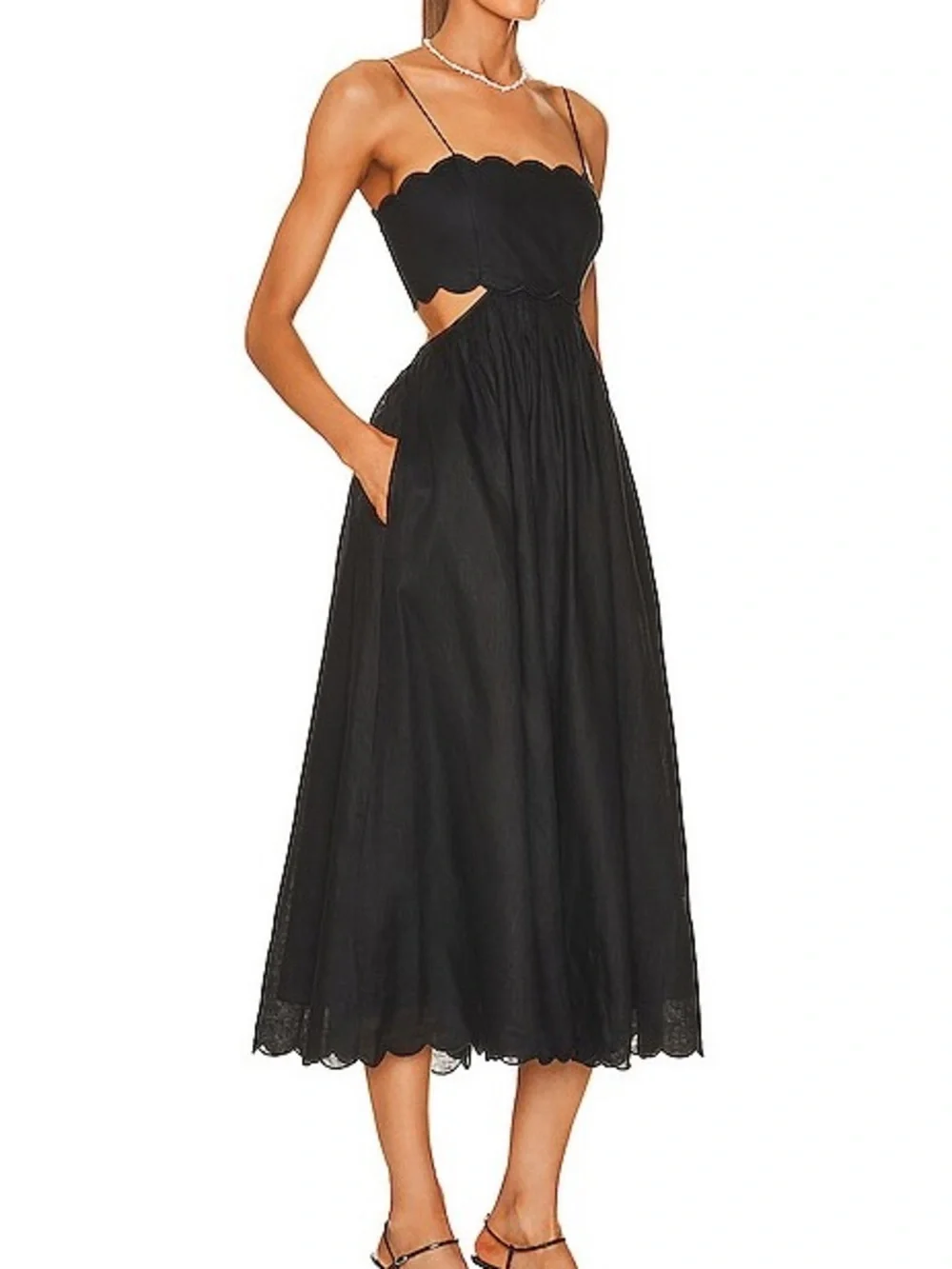 Zimmermann Petite Jude Scallop Midi Dress Black Linen Lace Up Back Vacation 0P - Picture 15 of 16